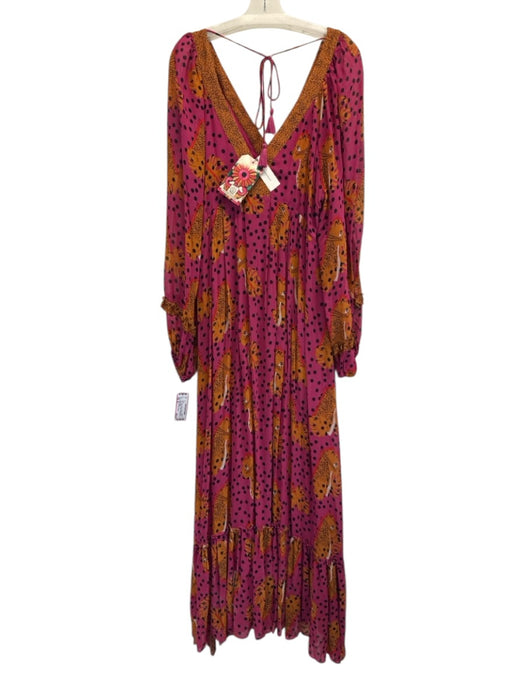 Farm for Anthropologie Size XL Pink, Orange, Yellow Viscose Long Sleeve Dress Pink, Orange, Yellow / XL