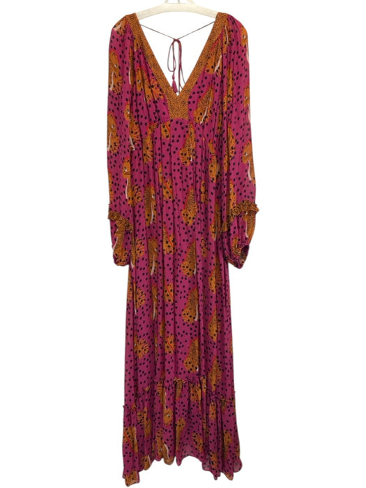 Farm for Anthropologie Size XL Pink, Orange, Yellow Viscose Long Sleeve Dress Pink, Orange, Yellow / XL