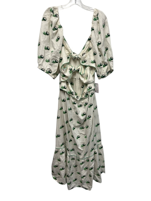 Farm Rio Size XL Green, Brown, White Linen Half Puff Sleeve Coconut Dress Green, Brown, White / XL