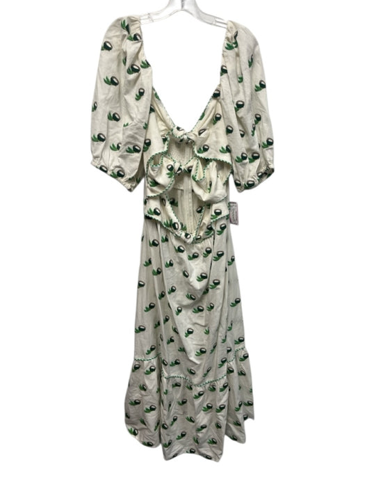 Farm Rio Size XL Green, Brown, White Linen Half Puff Sleeve Coconut Dress Green, Brown, White / XL