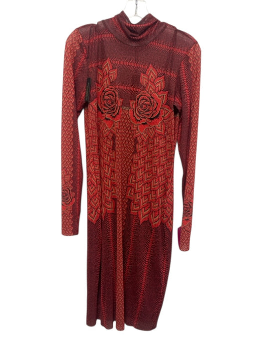 AFRM Size XL Red, Beige, Black Polyester Blend Long Sleeve Abstract Floral Dress Red, Beige, Black / XL
