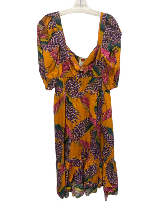Farm Rio Size XL Orange, Purple, Pink Cotton Short Puff Sleeve Parrot Dress Orange, Purple, Pink / XL