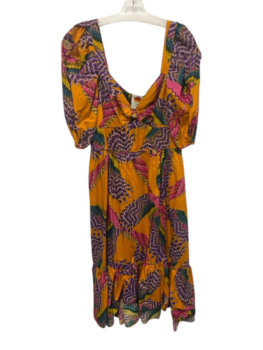 Farm Rio Size XL Orange, Purple, Pink Cotton Short Puff Sleeve Parrot Dress Orange, Purple, Pink / XL