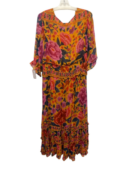 Farm Rio Size XL Yellow, Red, Blue Viscose Long Sleeve Floral Tiered Dress Yellow, Red, Blue / XL