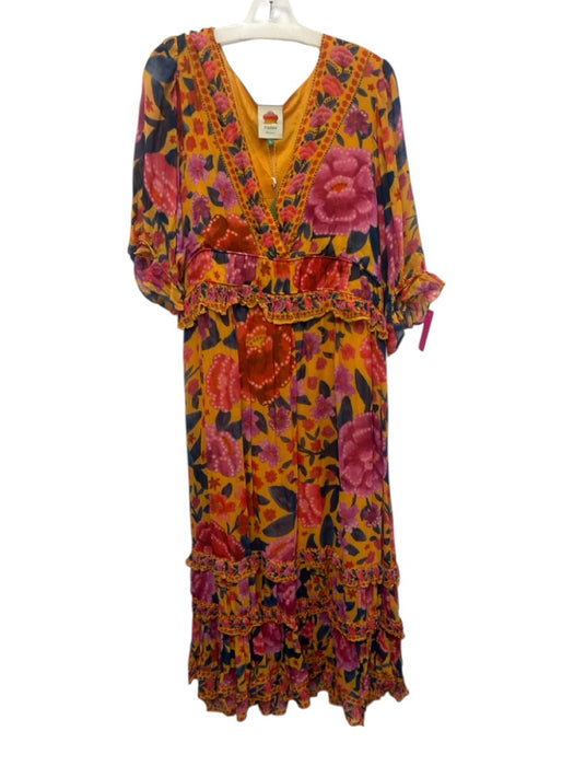 Farm Rio Size XL Yellow, Red, Blue Viscose Long Sleeve Floral Tiered Dress Yellow, Red, Blue / XL