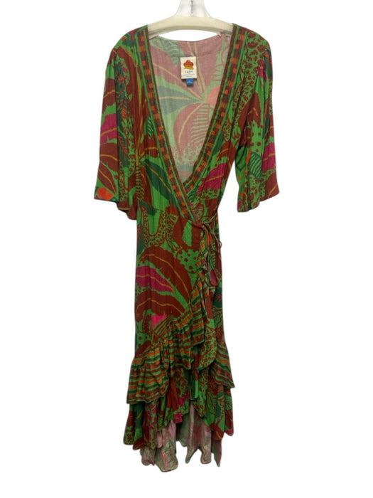 Farm for Anthropologie Size XL Green, Pink, Brown Viscose Flutter Sleeves Dress Green, Pink, Brown / XL