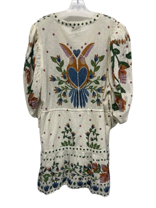 Farm Rio Size XL Green, Blue, White Cotton Long puff sleeve Floral Beaded Dress Green, Blue, White / XL