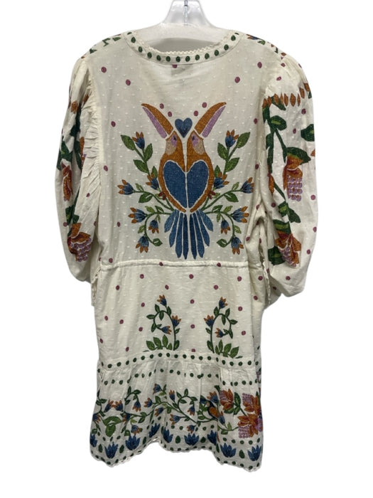 Farm Rio Size XL Green, Blue, White Cotton Long puff sleeve Floral Beaded Dress Green, Blue, White / XL