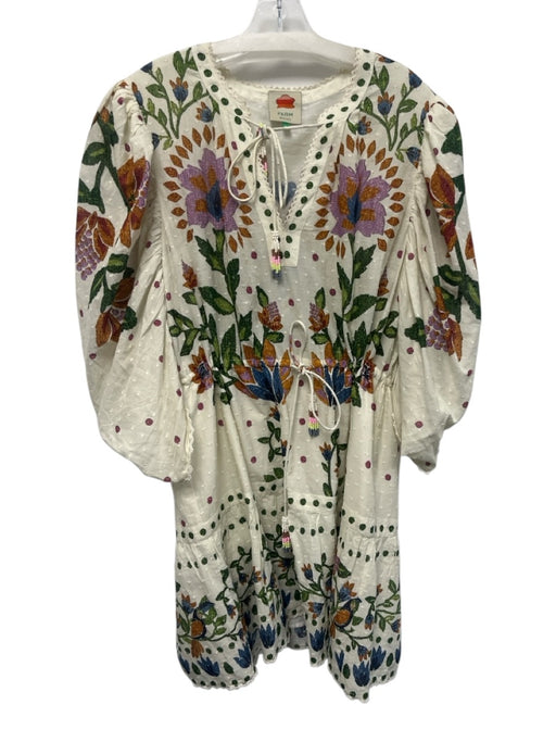 Farm Rio Size XL Green, Blue, White Cotton Long puff sleeve Floral Beaded Dress Green, Blue, White / XL
