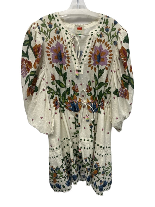 Farm Rio Size XL Green, Blue, White Cotton Long puff sleeve Floral Beaded Dress Green, Blue, White / XL