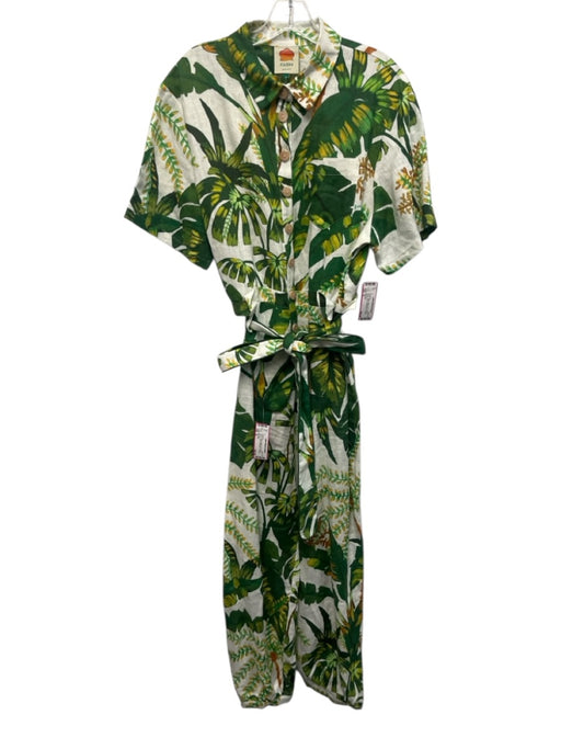 Farm Rio Size XL Green, Yellow, White Linen Short Sleeve Floral Jumpsuit Green, Yellow, White / XL