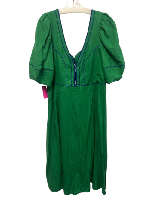 Farm Rio Size XL Green & Blue Linen Blend Half Puff Sleeve Piping Cut Outs Dress Green & Blue / XL