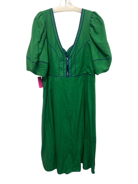 Farm Rio Size XL Green & Blue Linen Blend Half Puff Sleeve Piping Cut Outs Dress Green & Blue / XL
