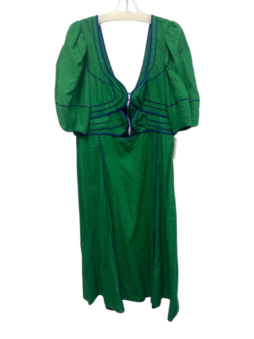 Farm Rio Size XL Green & Blue Linen Blend Half Puff Sleeve Piping Cut Outs Dress Green & Blue / XL