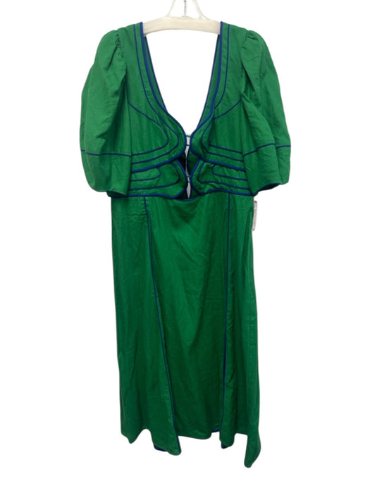 Farm Rio Size XL Green & Blue Linen Blend Half Puff Sleeve Piping Cut Outs Dress Green & Blue / XL