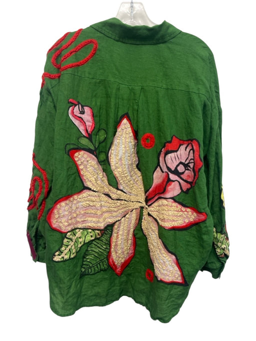 Farm Rio Size Large Green, Pink, Red Linen Long Sleeve Floral Button Front Top Green, Pink, Red / Large