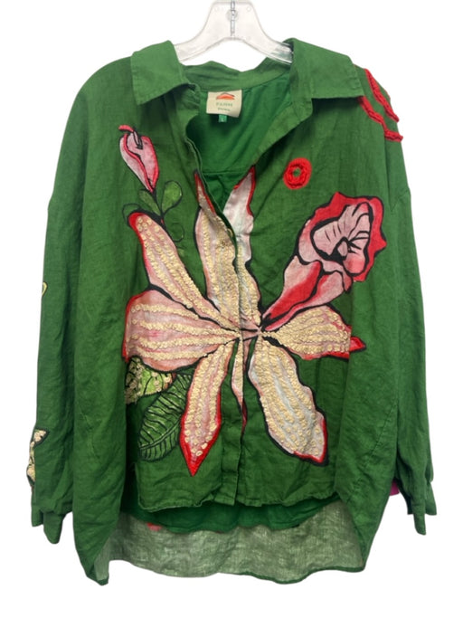 Farm Rio Size Large Green, Pink, Red Linen Long Sleeve Floral Button Front Top Green, Pink, Red / Large