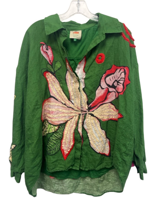Farm Rio Size Large Green, Pink, Red Linen Long Sleeve Floral Button Front Top Green, Pink, Red / Large