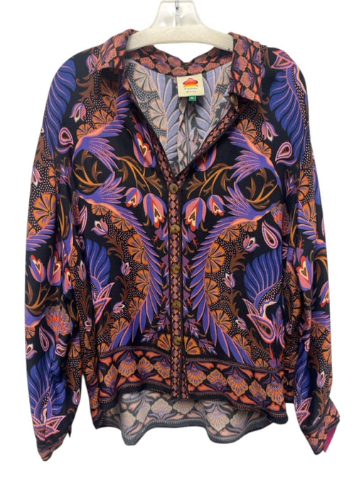 Farm Rio Size XL Blue, Pink, Orange Viscose Long Sleeve Floral Button Front Top Blue, Pink, Orange / XL