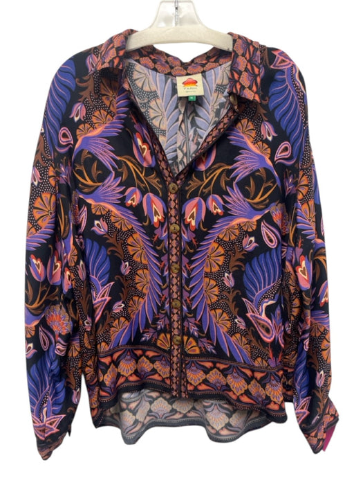 Farm Rio Size XL Blue, Pink, Orange Viscose Long Sleeve Floral Button Front Top Blue, Pink, Orange / XL