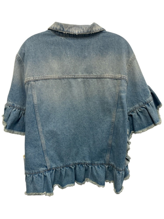 MSGM Size 48 Medium Wash Cotton Denim Half Sleeve Distressed Button Front Jacket Medium Wash / 48