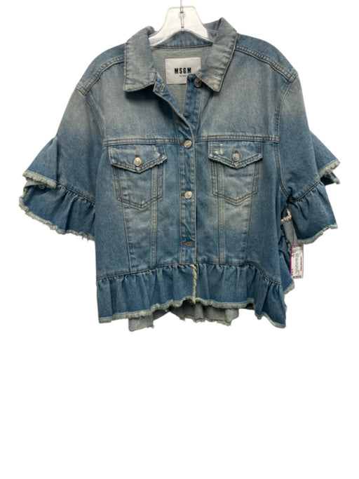 MSGM Size 48 Medium Wash Cotton Denim Half Sleeve Distressed Button Front Jacket Medium Wash / 48