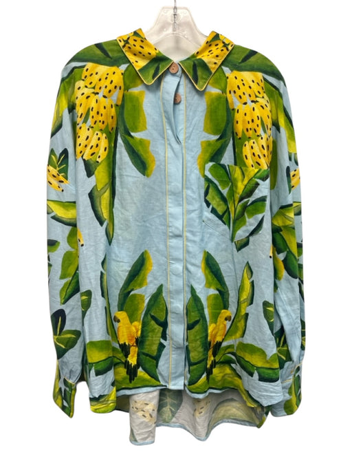 Farm Rio Size XL Blue, Green, Yellow Viscose Blend Long Sleeve Bananas Short Set Blue, Green, Yellow / XL