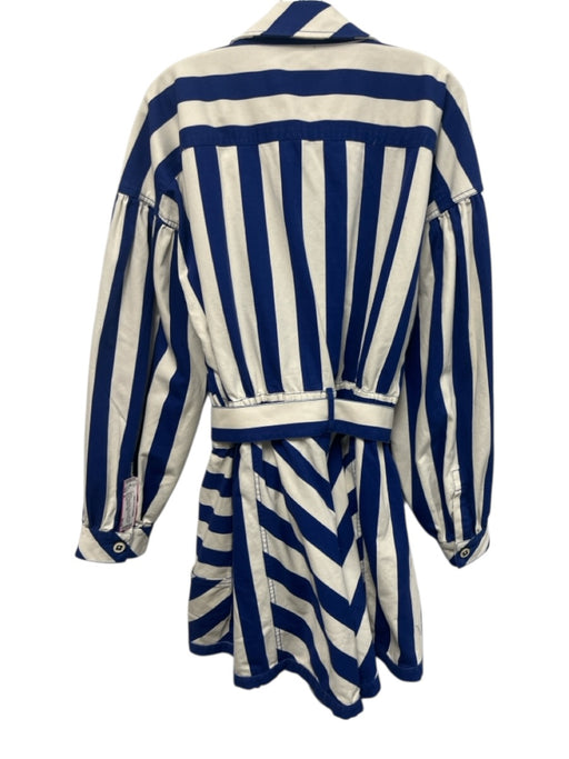 Farm Rio Size XL Blue & White Cotton Denim Long Sleeve Striped Pockets Romper Blue & White / XL