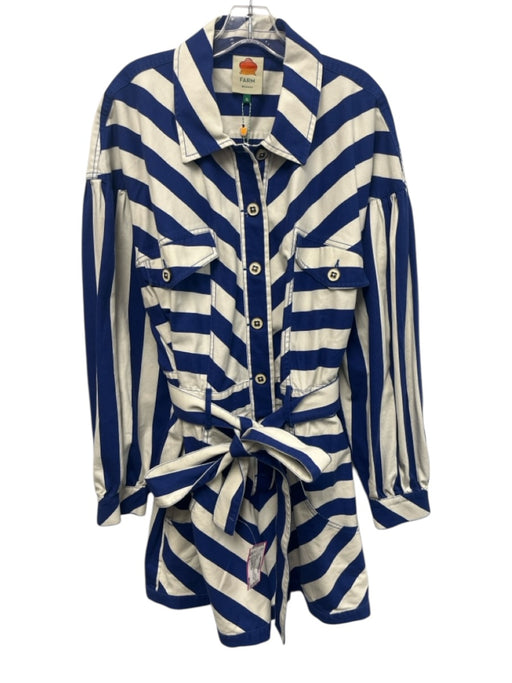 Farm Rio Size XL Blue & White Cotton Denim Long Sleeve Striped Pockets Romper Blue & White / XL