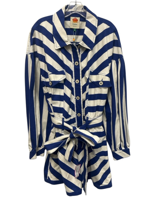 Farm Rio Size XL Blue & White Cotton Denim Long Sleeve Striped Pockets Romper Blue & White / XL