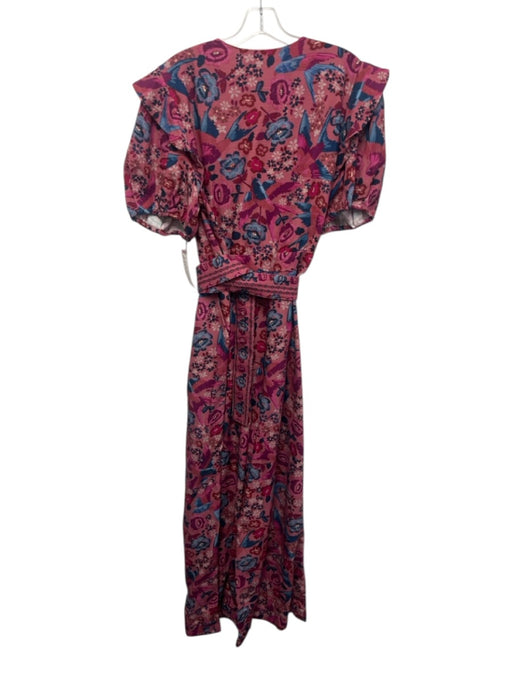 Farm Rio Size XL Pink, Red, Blue Cotton Blend Short Puff Sleeve Floral Jumpsuit Pink, Red, Blue / XL