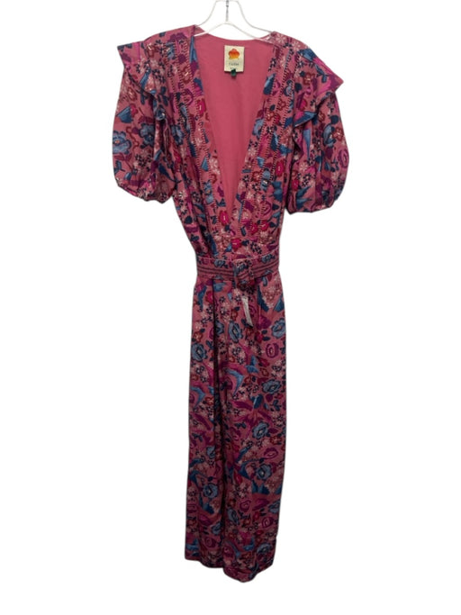Farm Rio Size XL Pink, Red, Blue Cotton Blend Short Puff Sleeve Floral Jumpsuit Pink, Red, Blue / XL