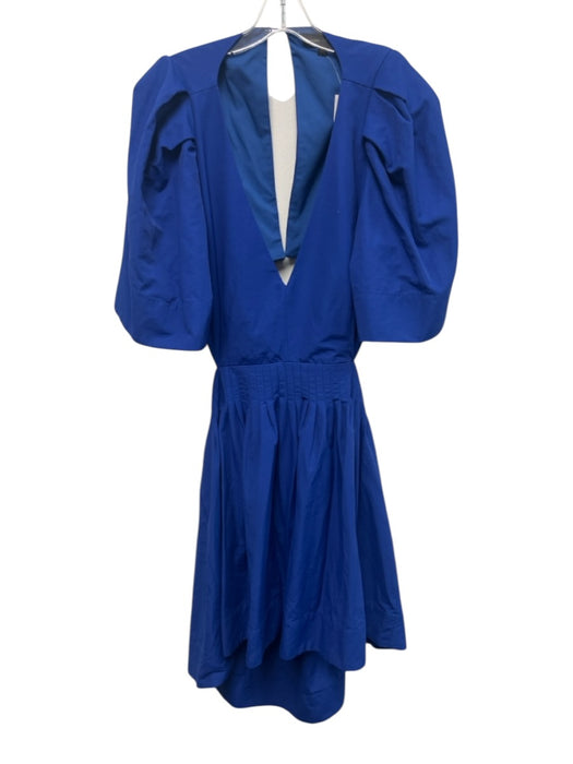 Banana Republic Size 16 Royal Blue Cotton Blend Short Puff Sleeve V Neck Dress