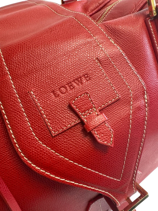 Loewe Red Leather Side Pockets Zip Top Travel Bag Duffle Bag Red