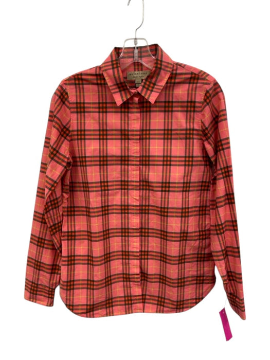 Burberry Size 4 Pink Red & Gray Cotton Plaid Long Sleeve Button Up Shirt Top Pink Red & Gray / 4