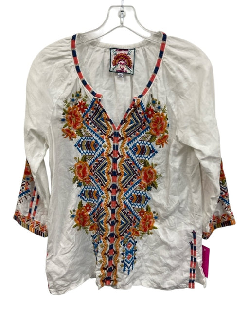 Johnny Was Size XS White & Multi Linen Floral Embroidered 3/4 Sleeve V Neck Top White & Multi / XS