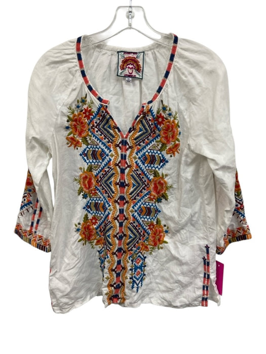 Johnny Was Size XS White & Multi Linen Floral Embroidered 3/4 Sleeve V Neck Top White & Multi / XS