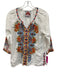Johnny Was Size XS White & Multi Linen Floral Embroidered 3/4 Sleeve V Neck Top White & Multi / XS