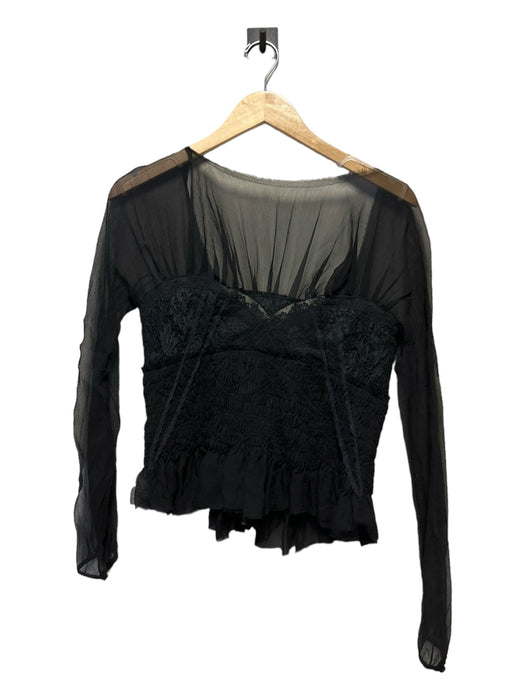 Nina Ricci Size 38 Black Silk Rouched Long Sheer Sleeve Top Black / 38