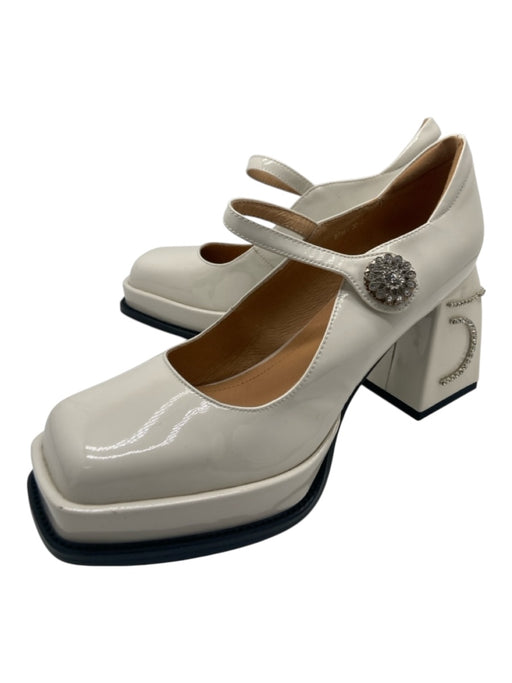 Larosa Shoe Size 38 Cream & Silver Patent Leather Square Toe Mary Jane Pumps Cream & Silver / 38