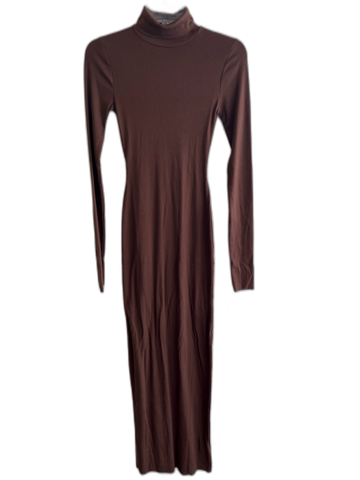 Eterne Size XS Brown Cotton Long Sleeve Ribbed turtle neck Maxi Dress Brown / XS