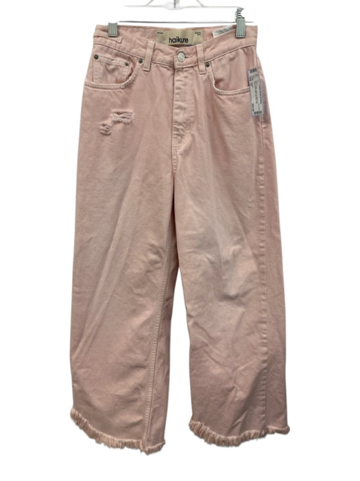 Haikure Size 25 Pink Cotton Button & Zip Front Distressed Wide Leg Raw Hem Jeans Pink / 25