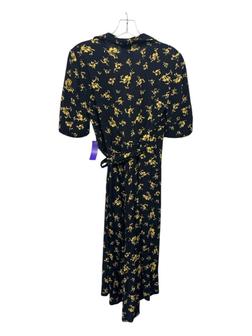 Ganni Size XS / 34 Black & Yellow Viscose Floral Wrap Short Sleeve Midi Dress Black & Yellow / XS / 34