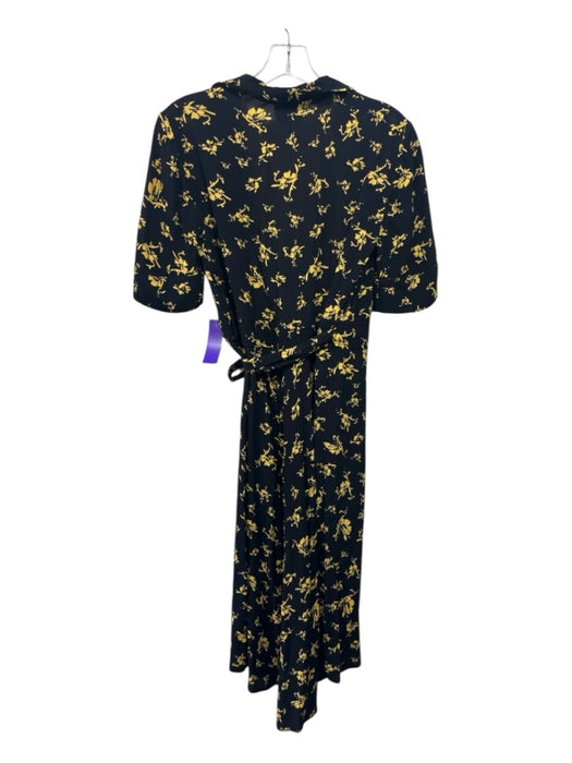 Ganni Size XS / 34 Black & Yellow Viscose Floral Wrap Short Sleeve Midi Dress Black & Yellow / XS / 34
