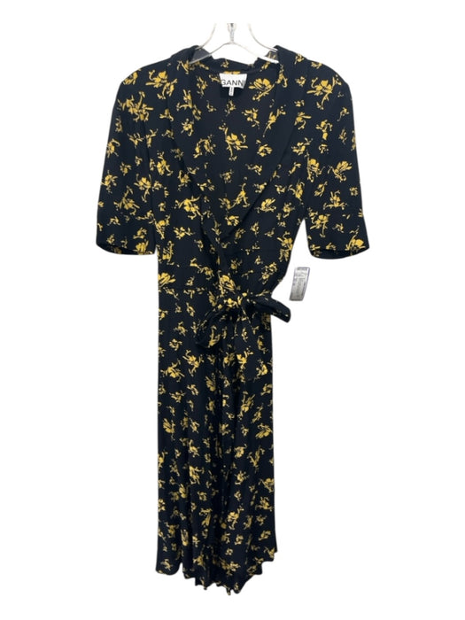 Ganni Size XS / 34 Black & Yellow Viscose Floral Wrap Short Sleeve Midi Dress Black & Yellow / XS / 34