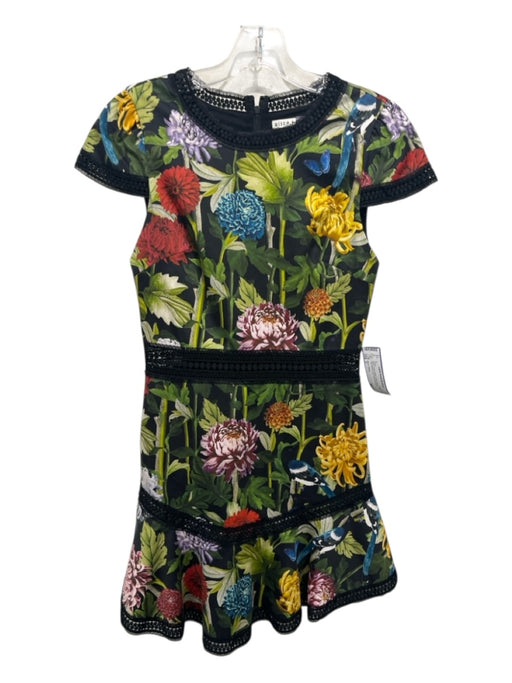 Alice + Olivia Size 2 Black, Green, Multi Cotton Blend Floral Cap Sleeve Dress Black, Green, Multi / 2
