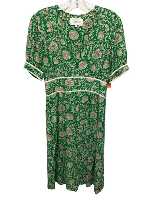 Ba&sh Size 0/XS Green & Beige Viscose & Cotton Short Sleeve Floral Print Dress Green & Beige / 0/XS