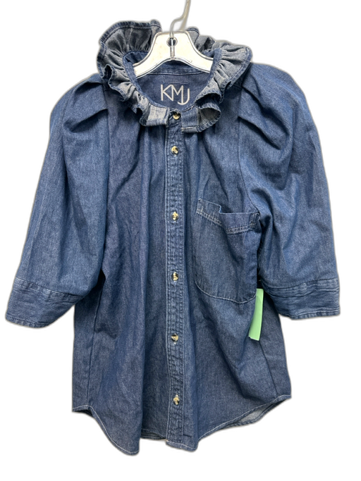 KMJ Size XS Dark Blue Cotton Chambray Balloon Sleeve Ruffle Button Down Top Dark Blue / XS
