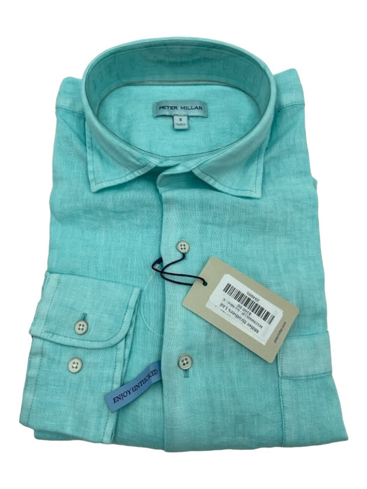 Peter Millar NWT Size S Teal Linen Solid Button Down Men's Long Sleeve Shirt S