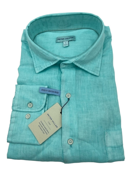 Peter Millar NWT Size L Teal Linen Solid Button Down Men's Long Sleeve Shirt L